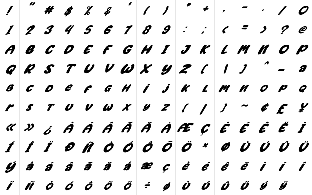 Jackdean Italic Regular  glyph index