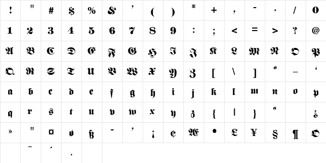 FANFARA Regular  glyph index