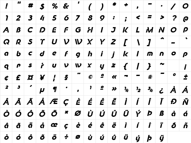 New Shape Bold Oblique  glyph index