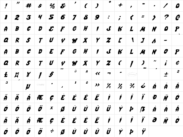 Mystic Singler Light Italic Light Italic  glyph index