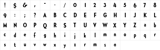 GolucianBoldCondensed Regular  glyph index