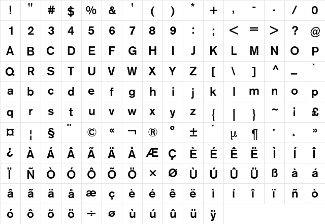 Akzidenz-Grotesk BQ Regular  glyph index