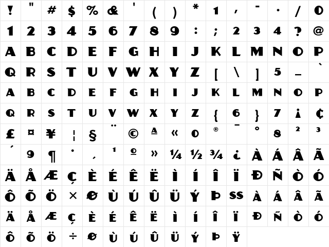 Juanita ITC Regular  glyph index