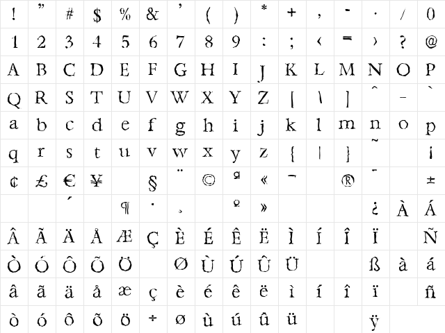 BernsteinRandom-Light Regular  glyph index