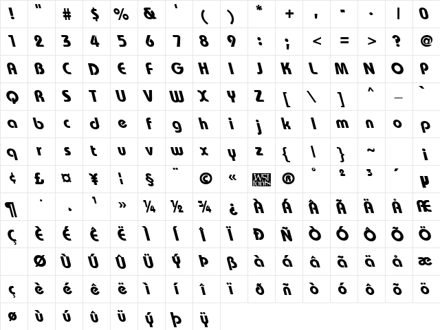 BordeauxBackslant Bold  glyph index