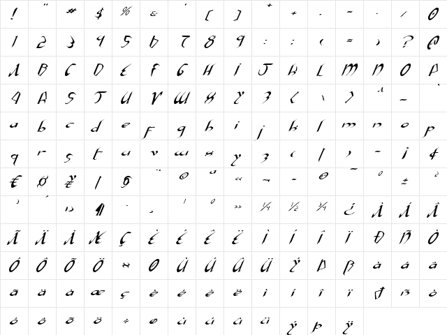 Xaphan Expanded Italic Expanded Italic  glyph index