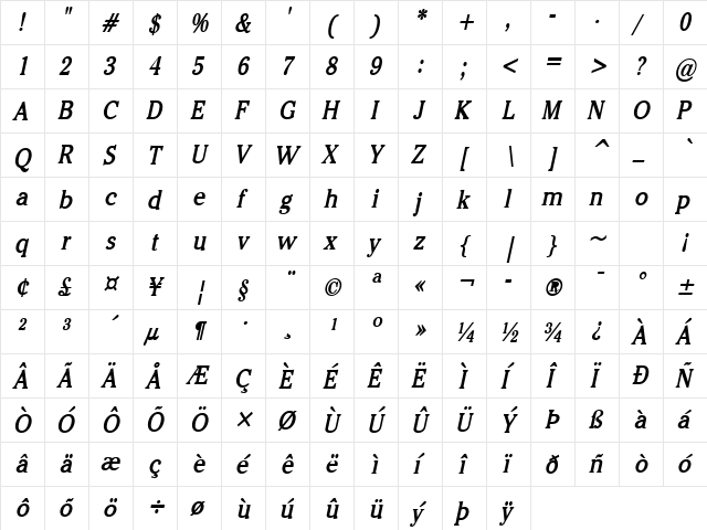 Chelsey-Condensed Bold Italic  glyph index