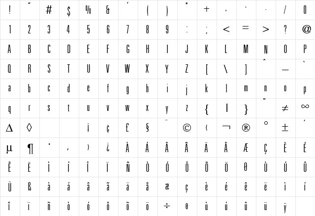UnitusNarrowTwo DB Regular  glyph index