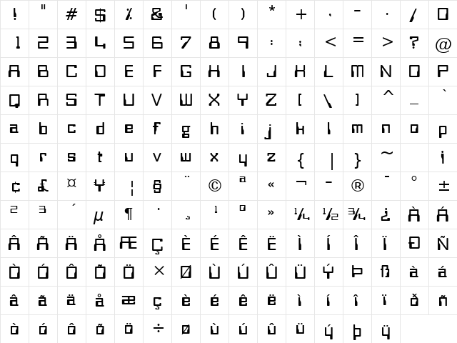 Orbit-B Regular  glyph index
