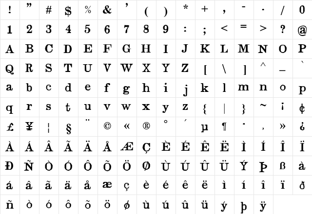 Judges Regular  glyph index