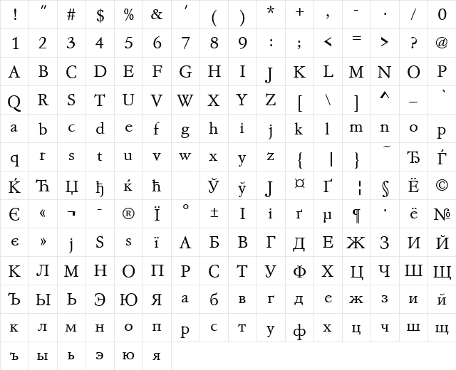 GaramondNo4CyrTCYLig Regular  glyph index