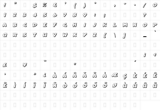 Artiste Plain  glyph index