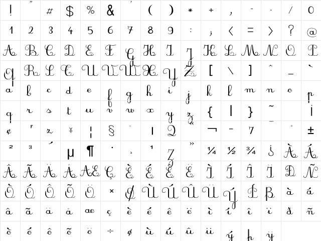 PlumBAL Regular  glyph index