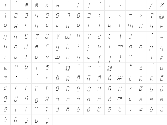 Quattro Light Italic  glyph index