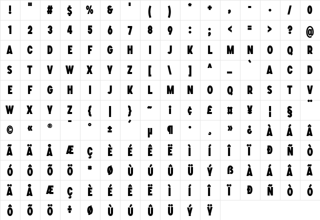 SONGER Condensed Heavy  glyph index