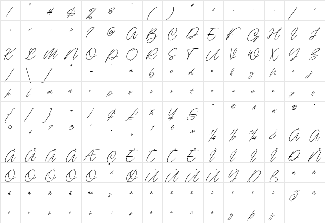 Alinnea Regular  glyph index