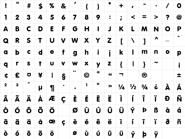 Lemons 14 Bold  glyph index