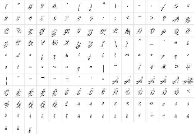 Banner Std Regular  glyph index