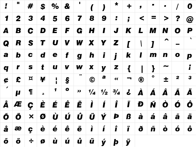 HalvettBlack Italic  glyph index