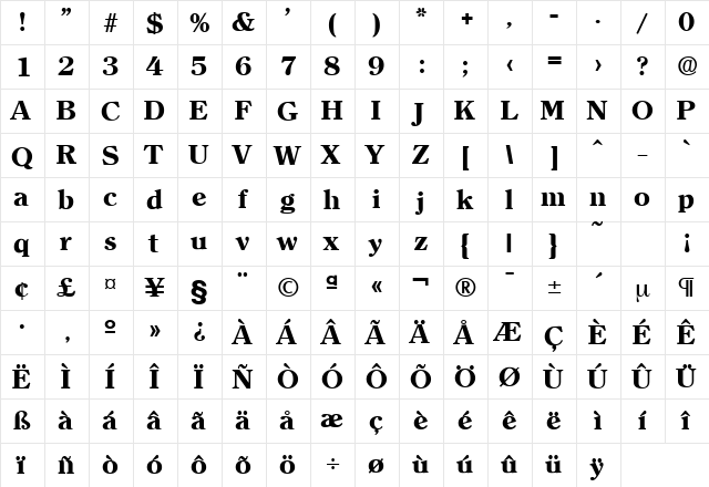 Clearface-Serial-ExtraBold Regular  glyph index
