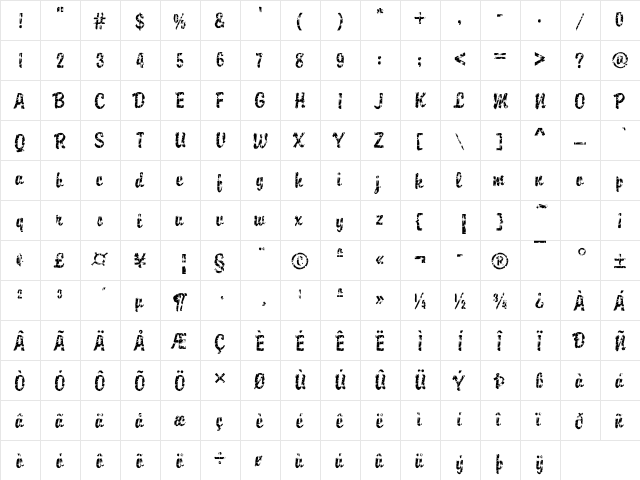 DTCBrodyM32 Regular  glyph index