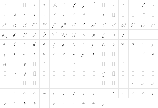 BickleyScriptPlain Regular  glyph index