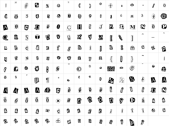 Cut and Paste Regular  glyph index