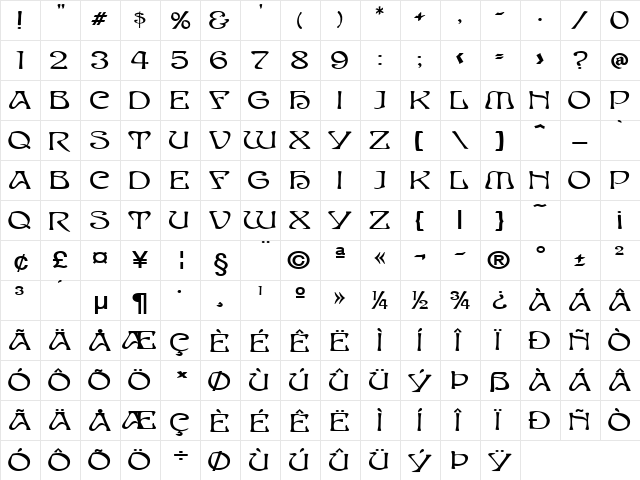 Elves-Extended Bold  glyph index