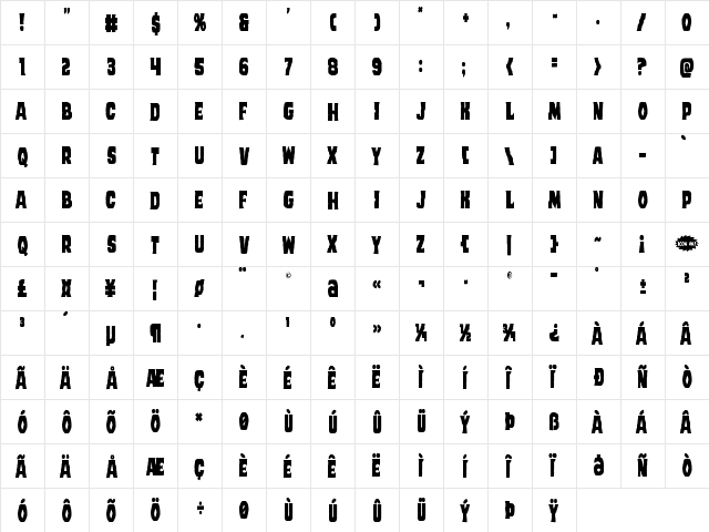 Dusk Demon Condensed Regular  glyph index