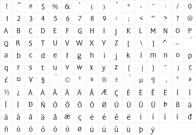 FlareGothic-Light Regular  glyph index