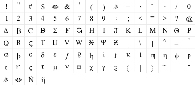 Greekie Regular  glyph index