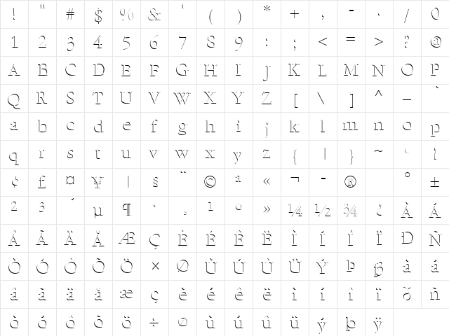 Emboss Regular  glyph index