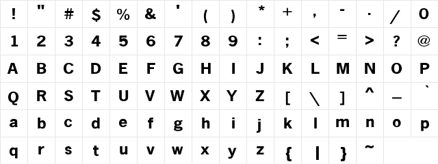 NewsGothicExt-B Regular  glyph index