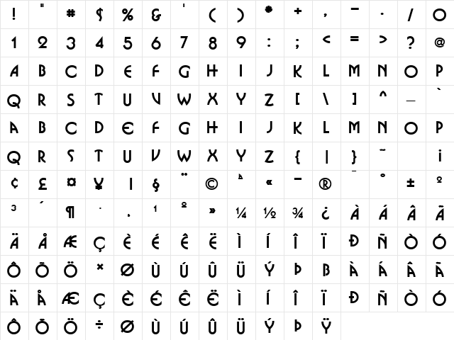 Busso Bold  glyph index