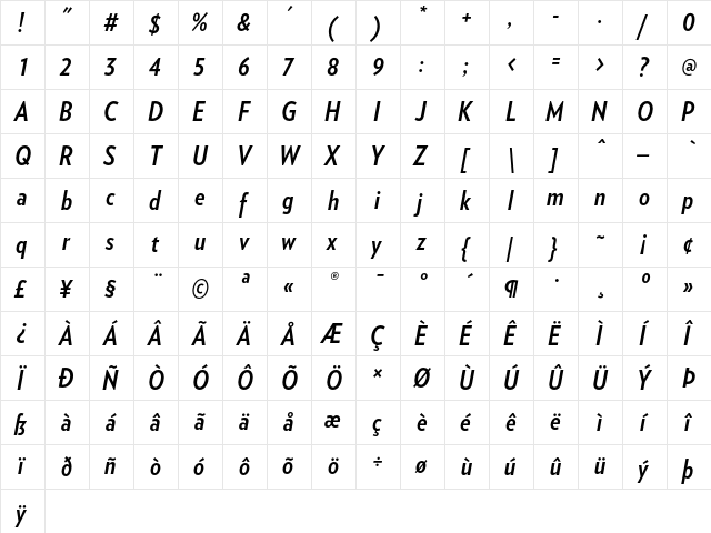 Verlag Condensed Bold Italic  glyph index