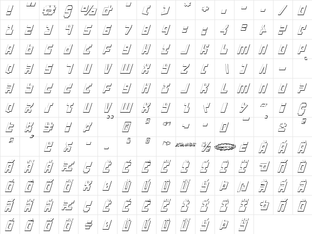 UFO Hunte 3D Italic Italic  glyph index