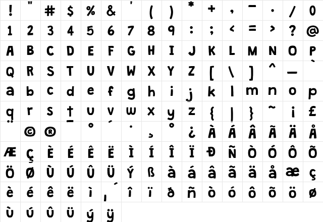 Granstander Clean Regular  glyph index