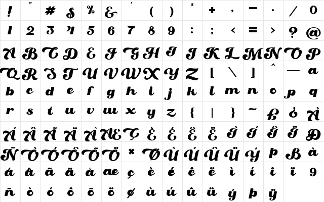 Oaklash Regular  glyph index