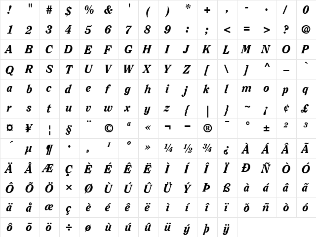 ITCClearface-Heavy HeavyItalic  glyph index