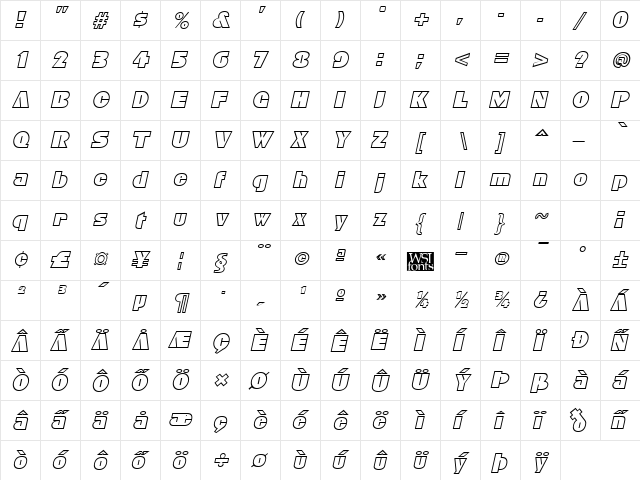 Bleucher Italic  glyph index
