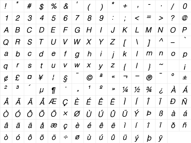 ContextLightSSK BoldItalic  glyph index