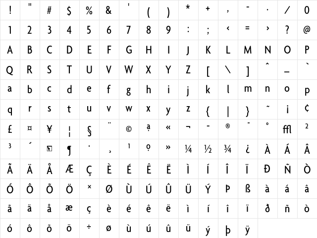 Agenda MediumCondensed  glyph index