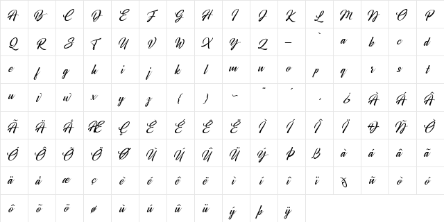 Broda Regular  glyph index