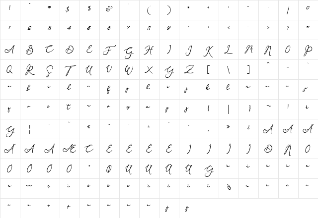 Rachela Bold Regular  glyph index