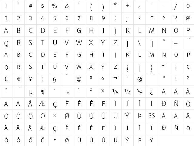VistaSansSCLight Regular  glyph index