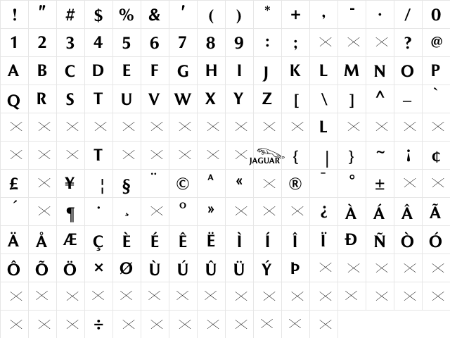 JaguarTitlingJC Medium  glyph index