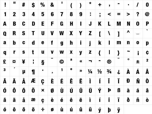 Helvetica Neue 87 Heavy Condensed  glyph index