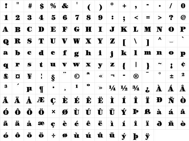 ITC Century Ultra  glyph index
