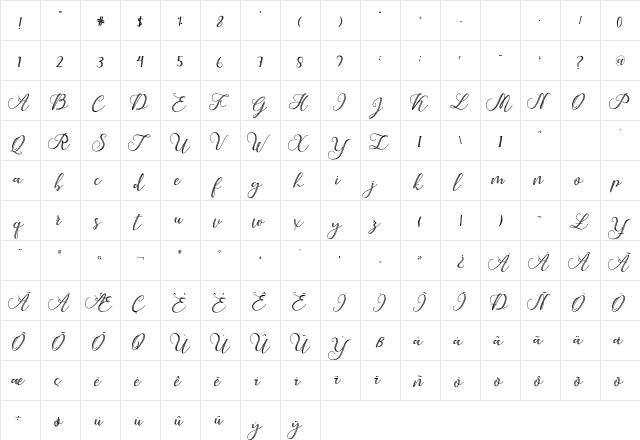 Under Script Regular  glyph index