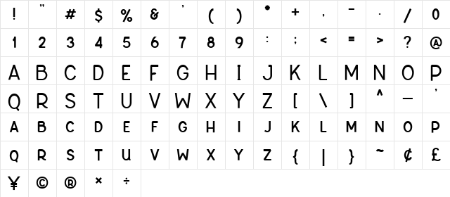 Erabura Regular  glyph index